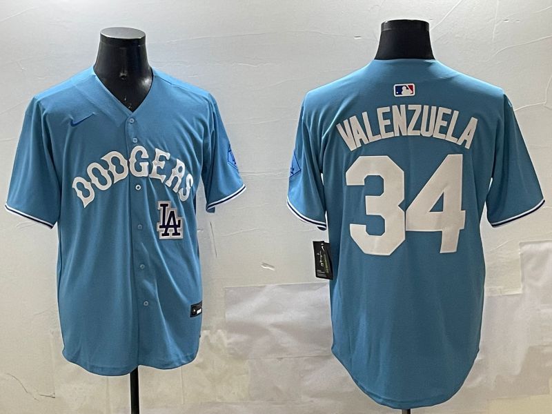 Men Los Angeles Dodgers #34 Valenzuela Light Blue Joint Name 2025 Nike MLB Jersey style 31611